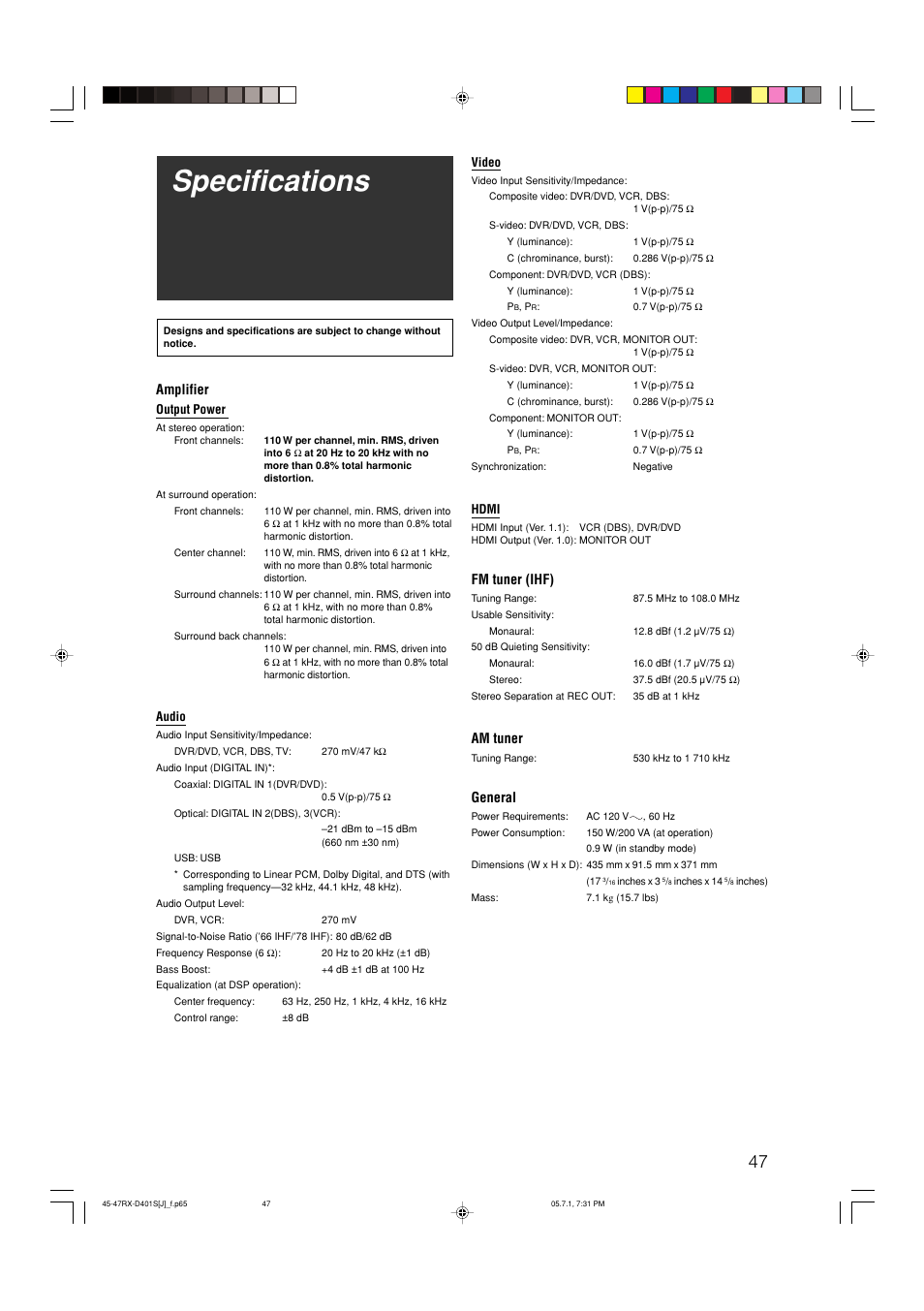 Specifications, Amplifier, Fm tuner (ihf) | Am tuner, General | JVC RX-D401S User Manual | Page 49 / 52