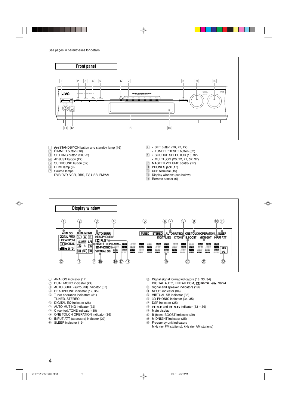 Front panel, Display window | JVC RX-D401S User Manual | Page 6 / 52