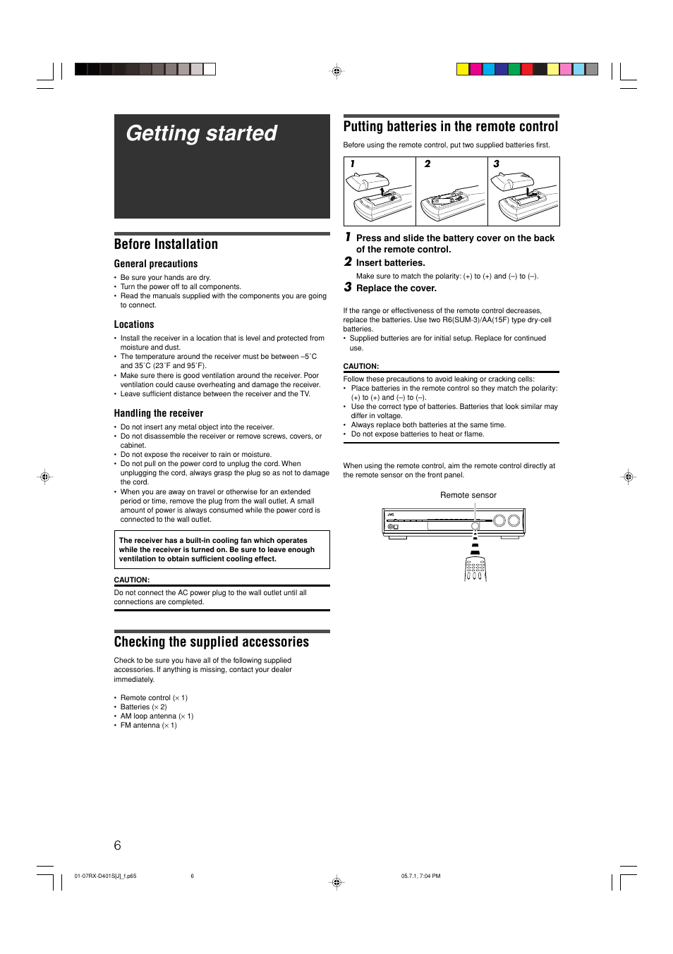 Getting started, Putting batteries in the remote control, Before installation | Checking the supplied accessories | JVC RX-D401S User Manual | Page 8 / 52