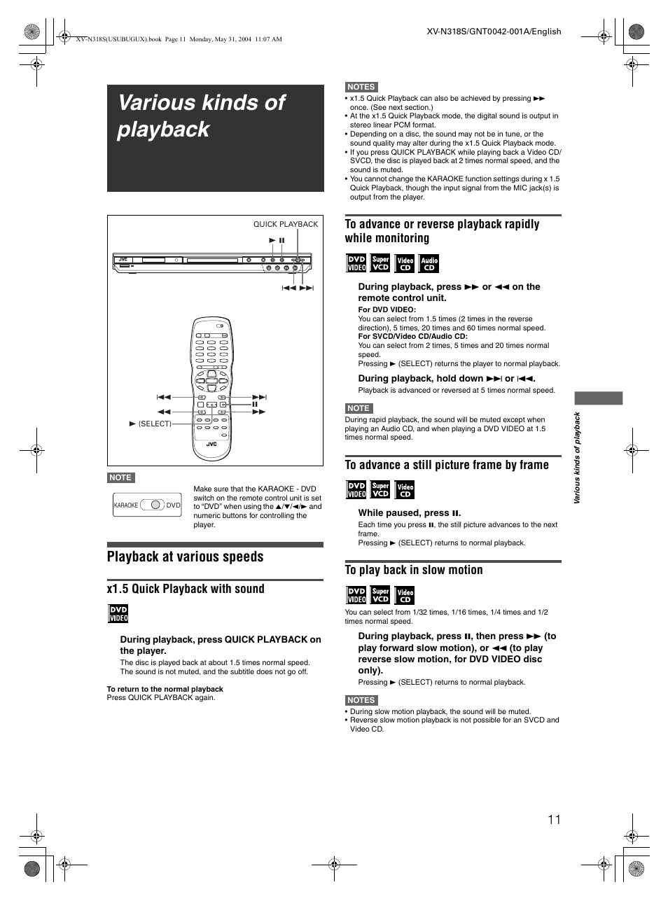 Various kinds of playback, Playback at various speeds, X1.5 quick playback with sound | JVC XV-N318S User Manual | Page 13 / 40