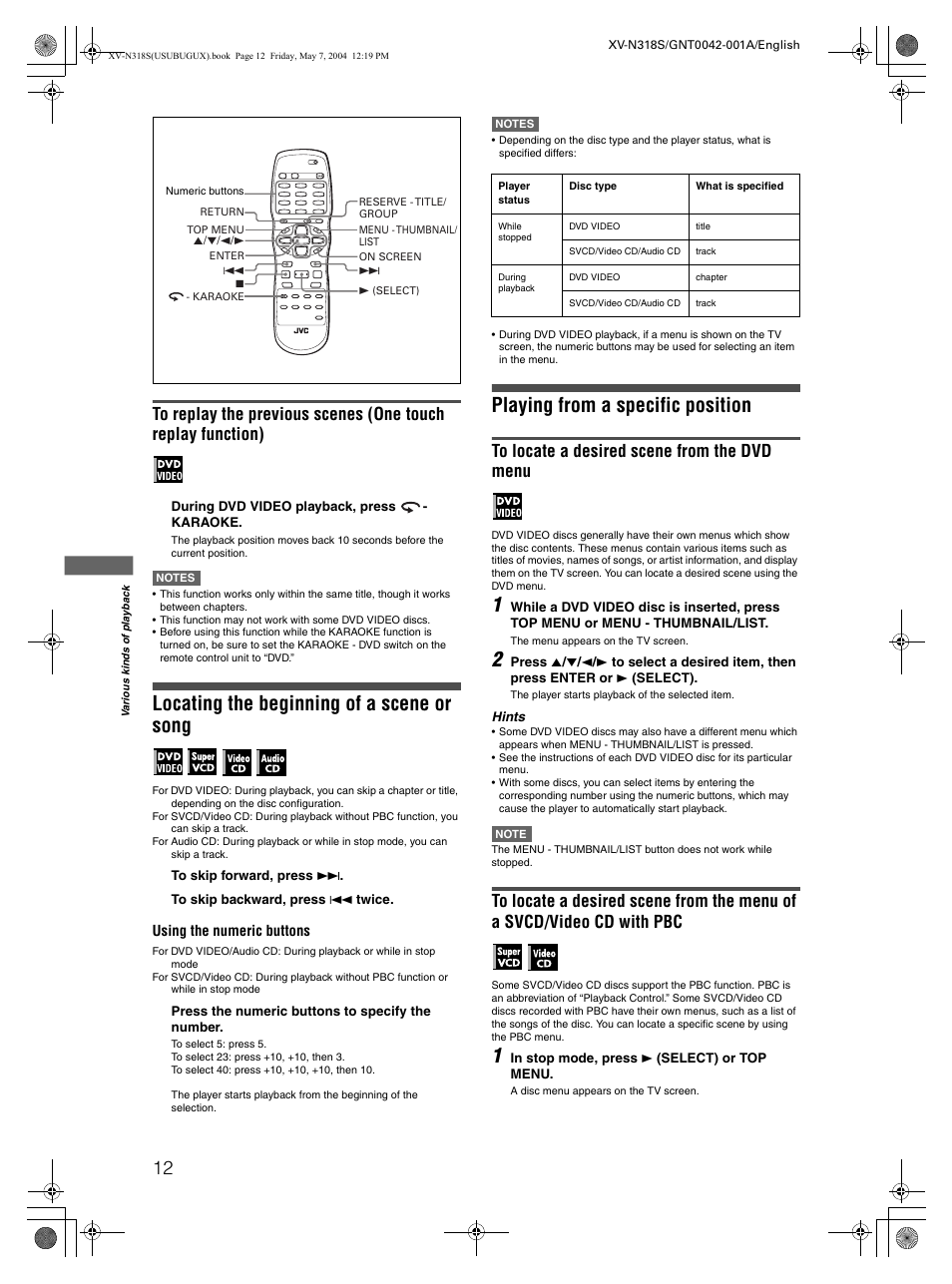 Locating the beginning of a scene or song, Playing from a specific position | JVC XV-N318S User Manual | Page 14 / 40