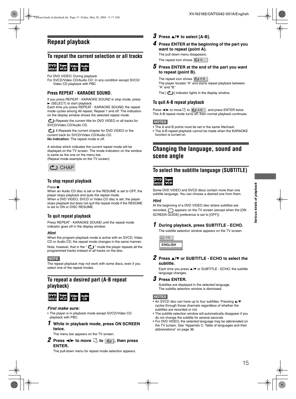 Repeat playback, Changing the language, sound and scene angle, Chap | JVC XV-N318S User Manual | Page 17 / 40