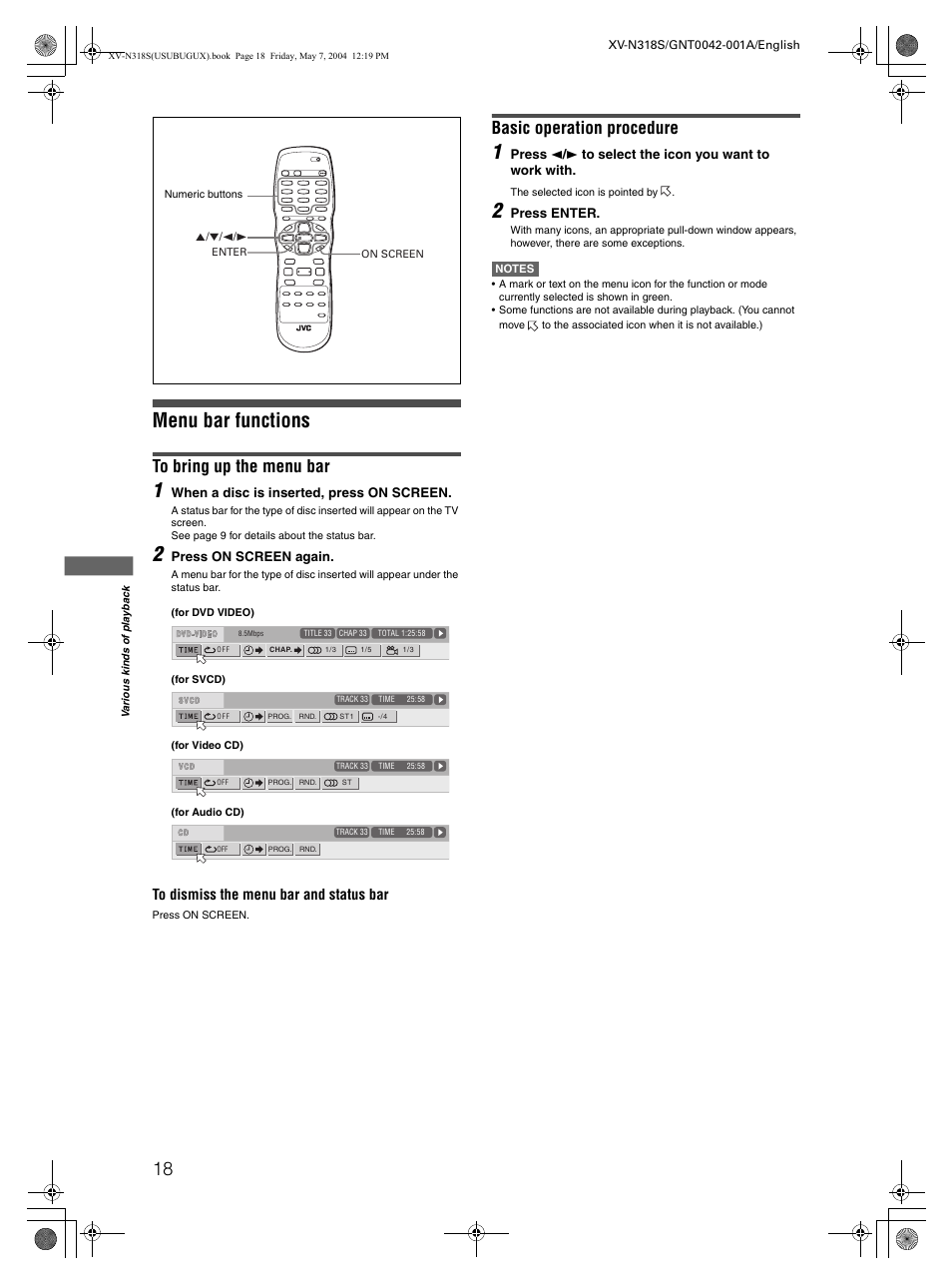 Menu bar functions, Basic operation procedure | JVC XV-N318S User Manual | Page 20 / 40