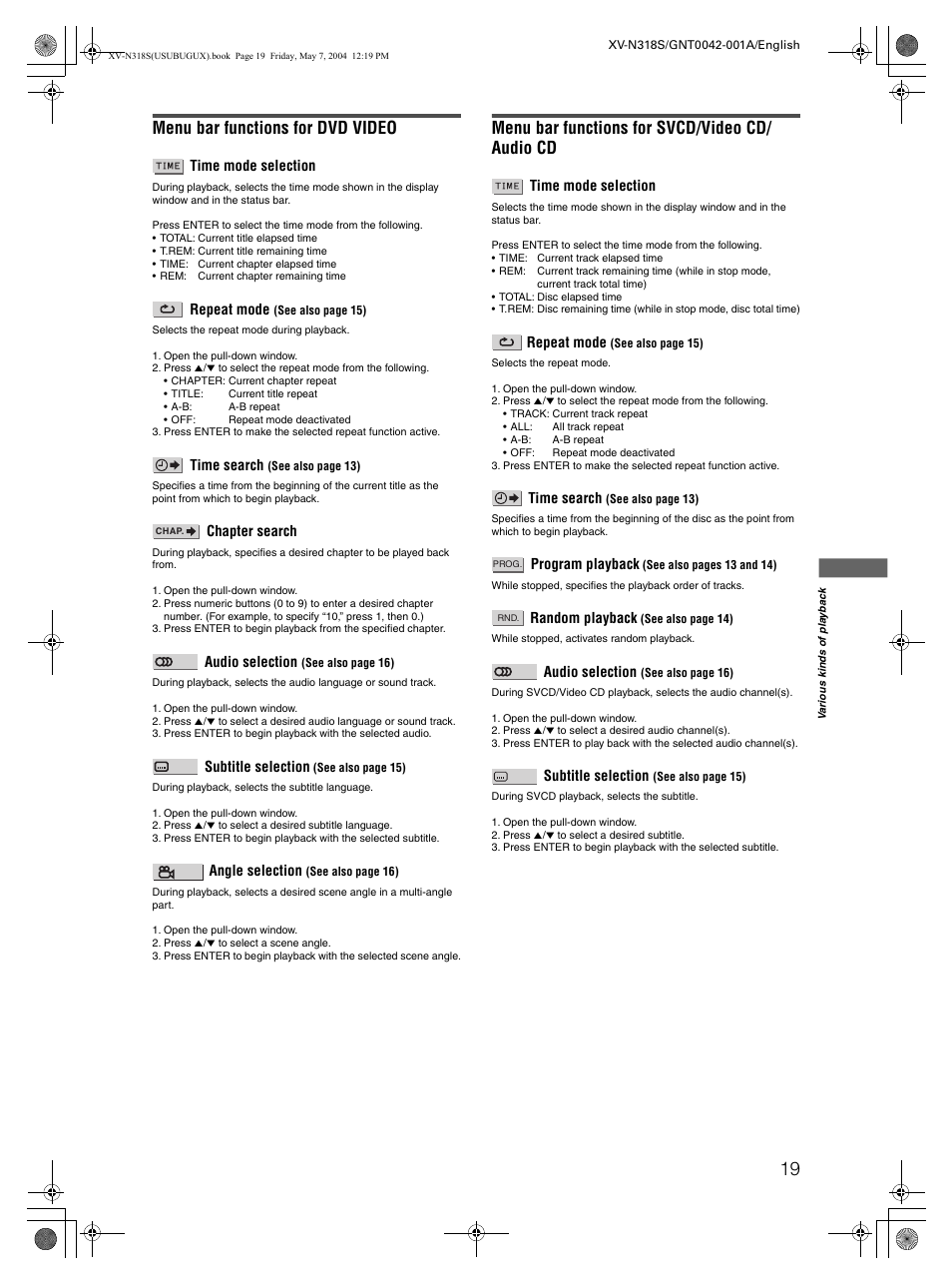 Menu bar functions for dvd video, Menu bar functions for svcd/video cd/ audio cd | JVC XV-N318S User Manual | Page 21 / 40