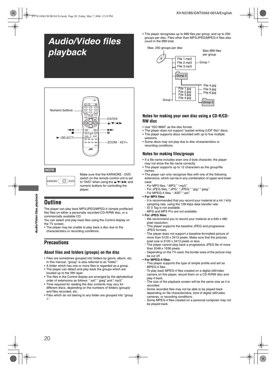Audio/video files playback, Outline, Precautions | JVC XV-N318S User Manual | Page 22 / 40