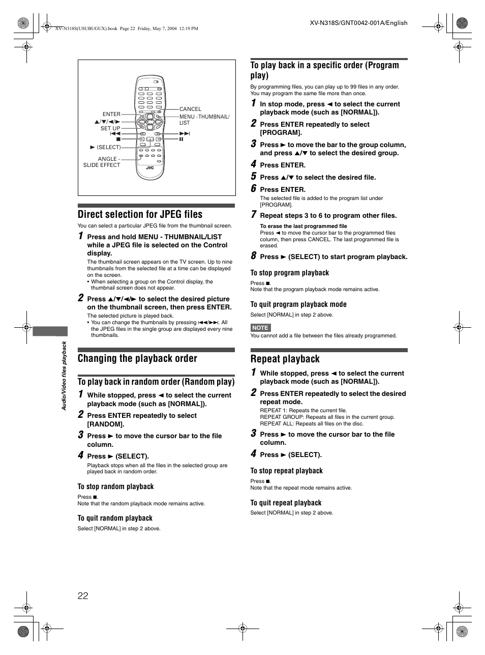 Direct selection for jpeg files, Changing the playback order, Repeat playback 1 | JVC XV-N318S User Manual | Page 24 / 40