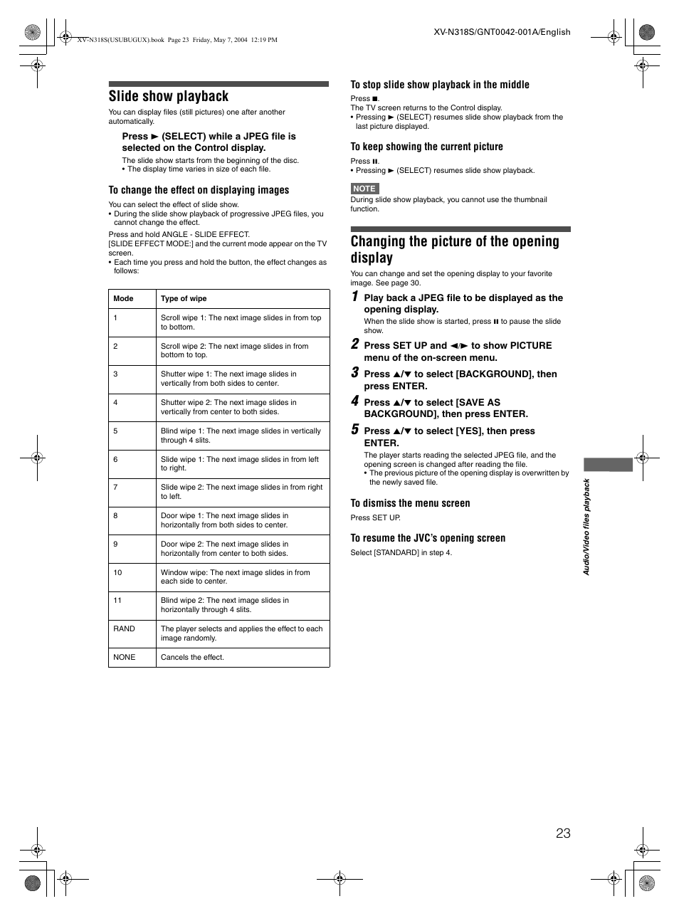 Slide show playback, Changing the picture of the opening display | JVC XV-N318S User Manual | Page 25 / 40