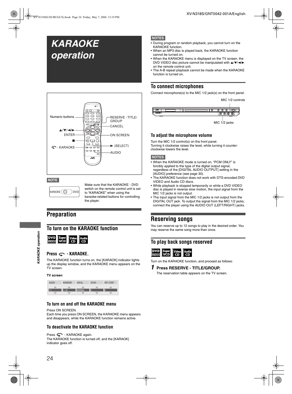 Karaoke operation, Preparation, Reserving songs | JVC XV-N318S User Manual | Page 26 / 40