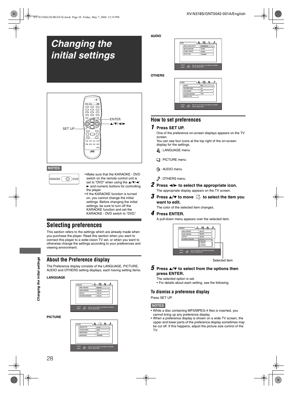 Changing the initial settings, Selecting preferences, About the preference display | How to set preferences, Press set up, Press 2 / 3 to select the appropriate icon, Press enter | JVC XV-N318S User Manual | Page 30 / 40