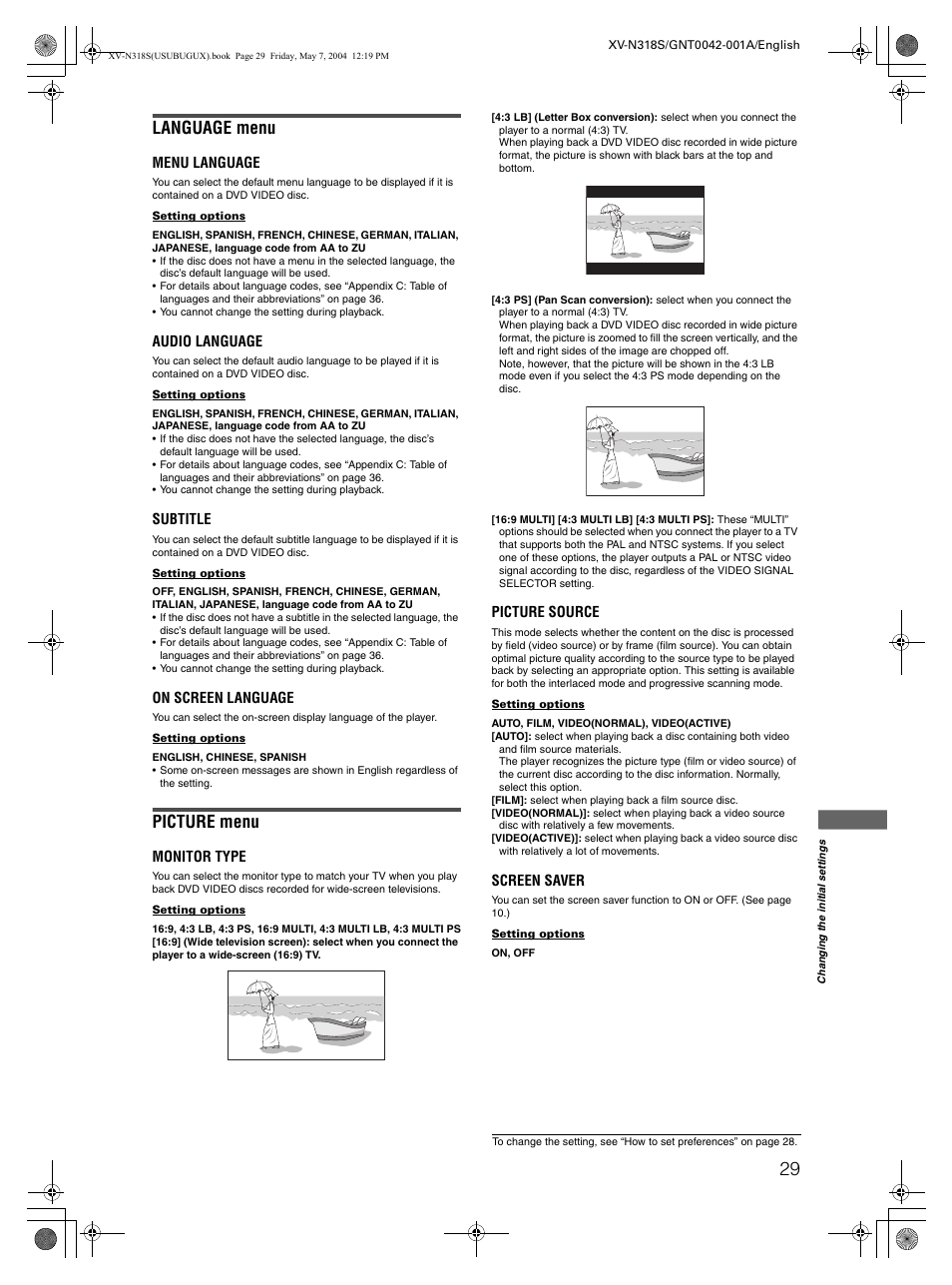 Language menu, Picture menu | JVC XV-N318S User Manual | Page 31 / 40