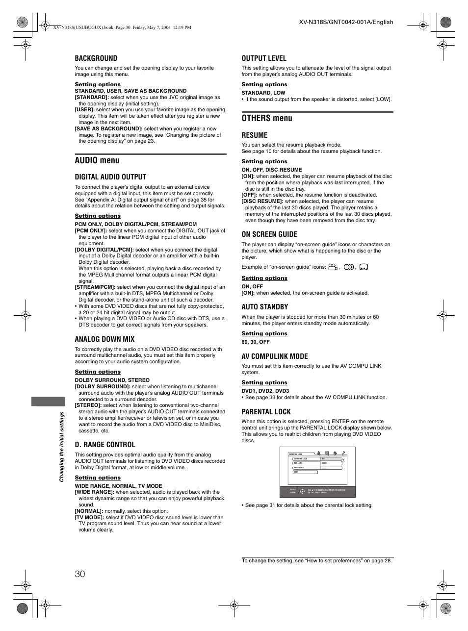 Audio menu, Others menu, Background | Digital audio output, Analog down mix, D. range control, Output level, Resume, On screen guide, Auto standby | JVC XV-N318S User Manual | Page 32 / 40