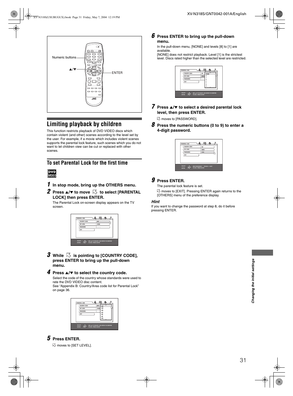 Limiting playback by children, Press 5 / ∞ to select the country code, Press enter | Press enter to bring up the pull-down menu, Hint | JVC XV-N318S User Manual | Page 33 / 40