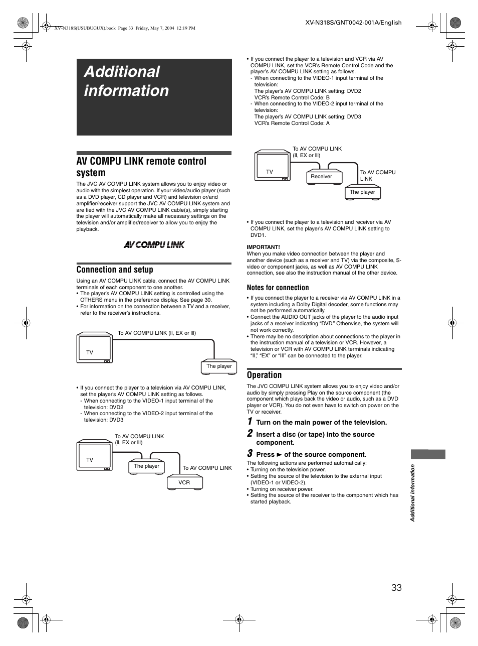 Additional information, Av compu link remote control system, Connection and setup | Operation | JVC XV-N318S User Manual | Page 35 / 40