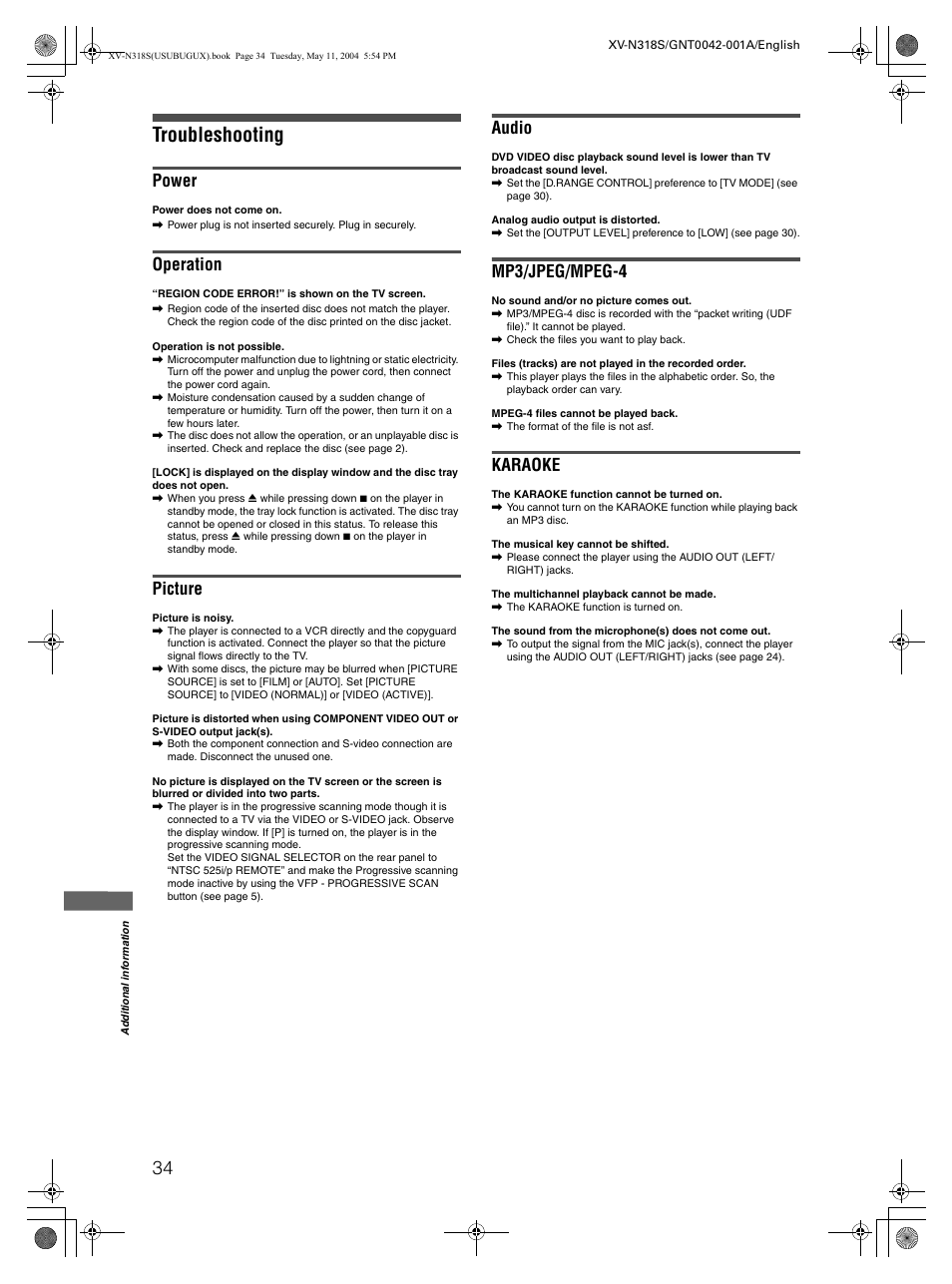 Troubleshooting, Power, Operation | Picture, Audio, Mp3/jpeg/mpeg-4, Karaoke | JVC XV-N318S User Manual | Page 36 / 40