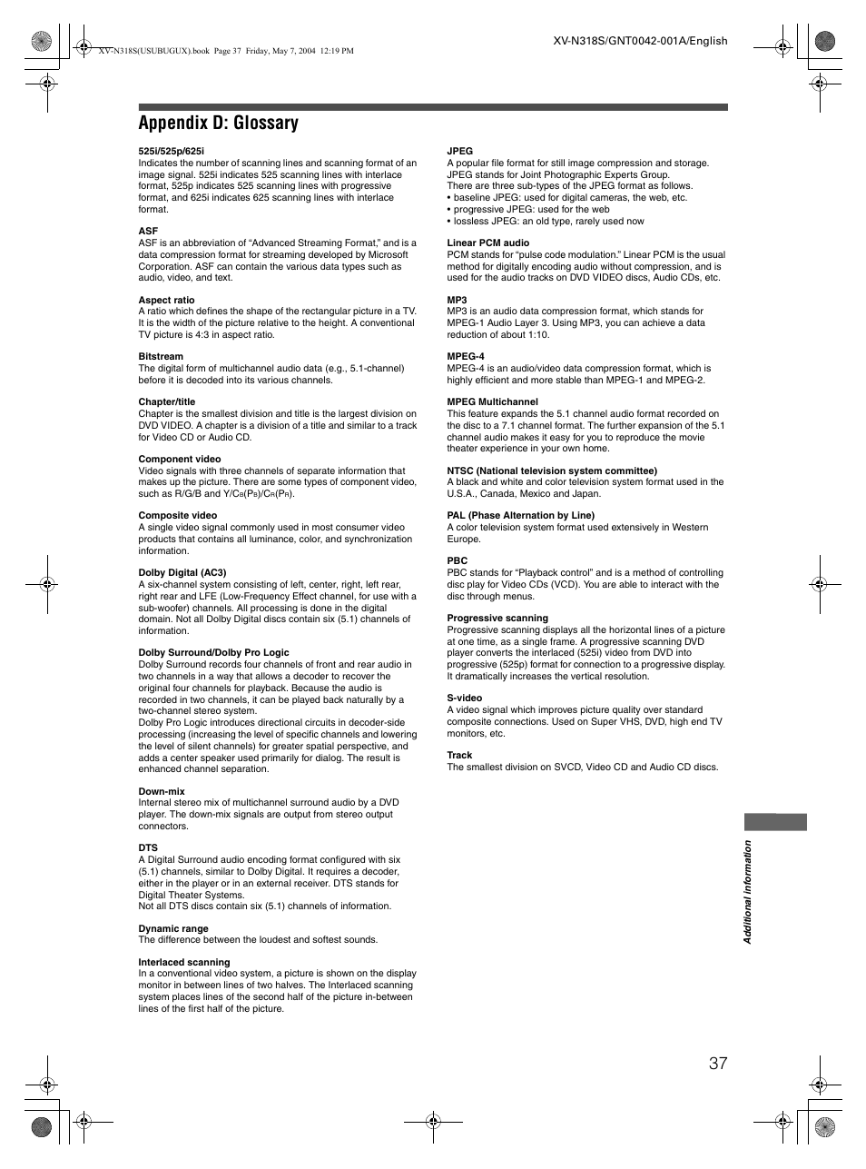 Appendix d: glossary | JVC XV-N318S User Manual | Page 39 / 40