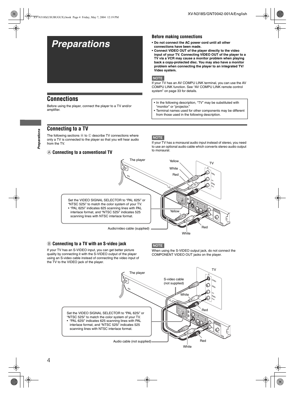 Preparations, Connections, Connecting to a tv | Before making connections, A connecting to a conventional tv, B connecting to a tv with an s-video jack, Pre p a ra ti o n s | JVC XV-N318S User Manual | Page 6 / 40