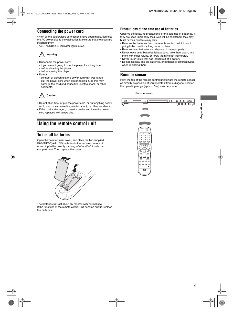 Using the remote control unit, Connecting the power cord, Remote sensor | JVC XV-N318S User Manual | Page 9 / 40