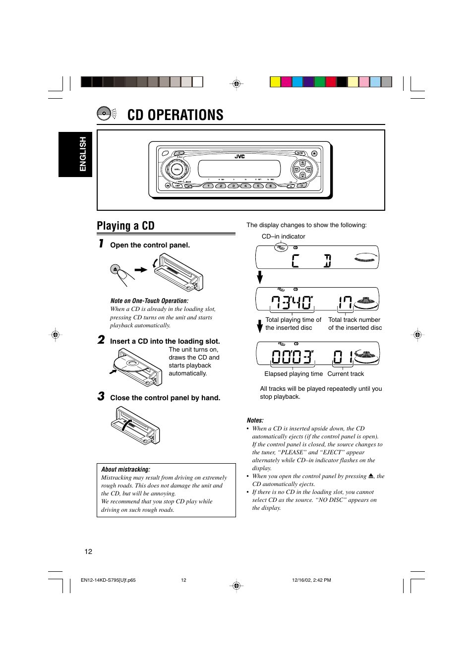 Cd operations, Playing a cd 1 | JVC KD-S795 User Manual | Page 12 / 25