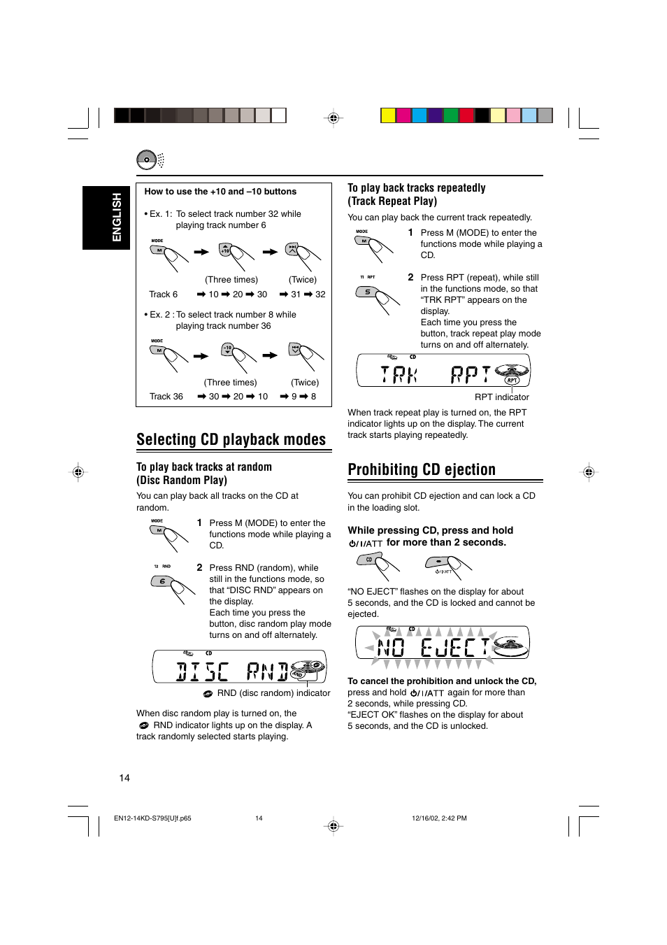 Prohibiting cd ejection, Selecting cd playback modes | JVC KD-S795 User Manual | Page 14 / 25