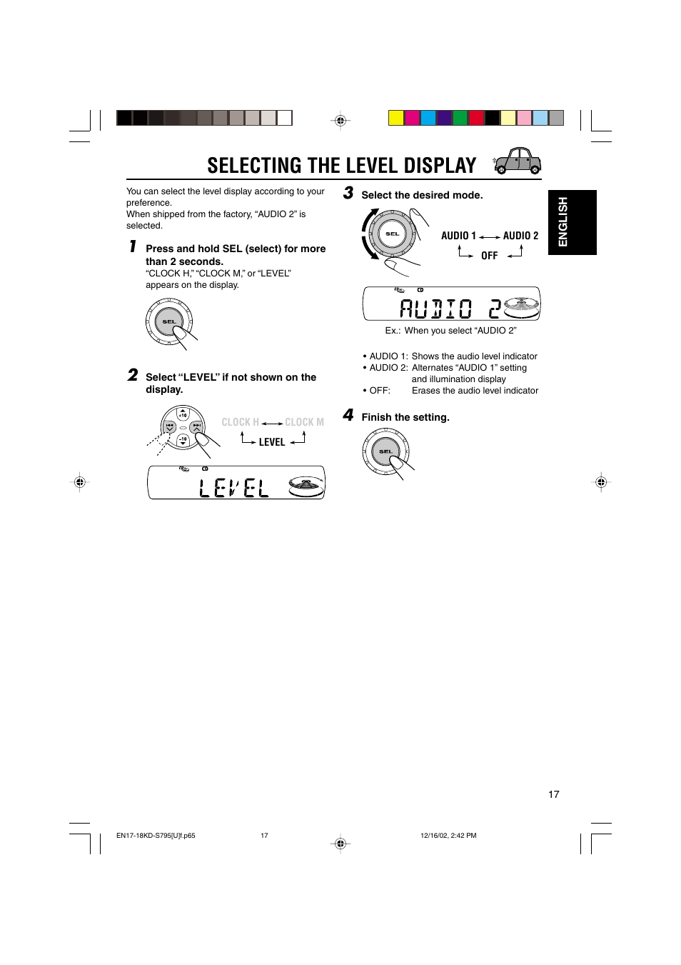 Selecting the level display | JVC KD-S795 User Manual | Page 17 / 25