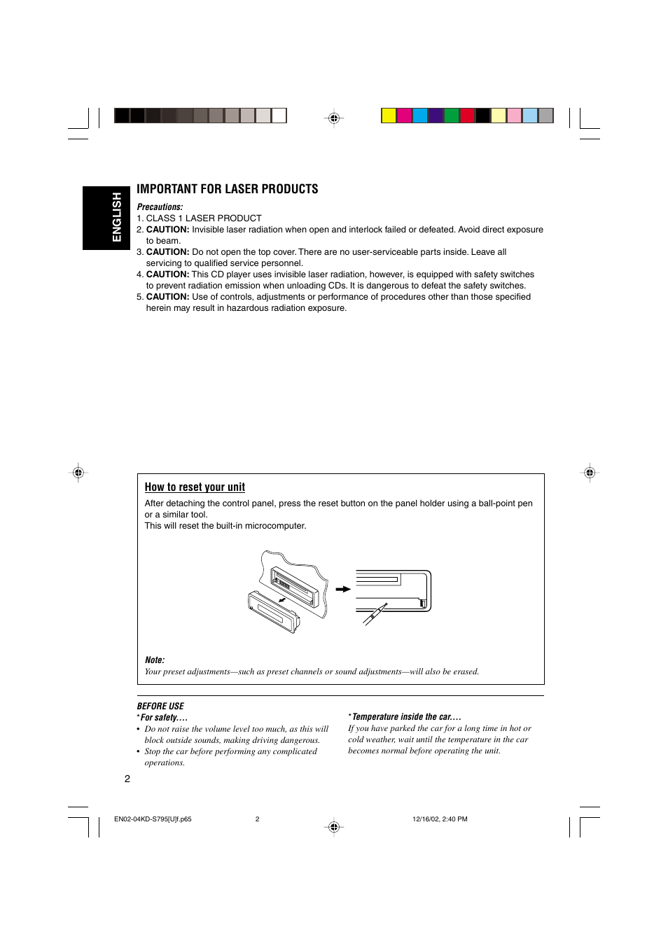 Important for laser products, How to reset your unit, English | JVC KD-S795 User Manual | Page 2 / 25