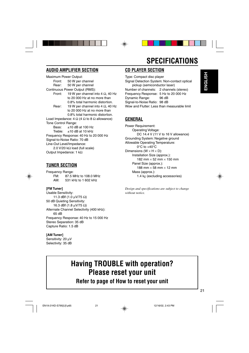 Specifications, Refer to page of how to reset your unit, General | JVC KD-S795 User Manual | Page 21 / 25