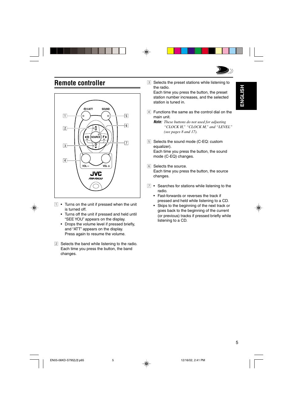 Remote controller, English | JVC KD-S795 User Manual | Page 5 / 25