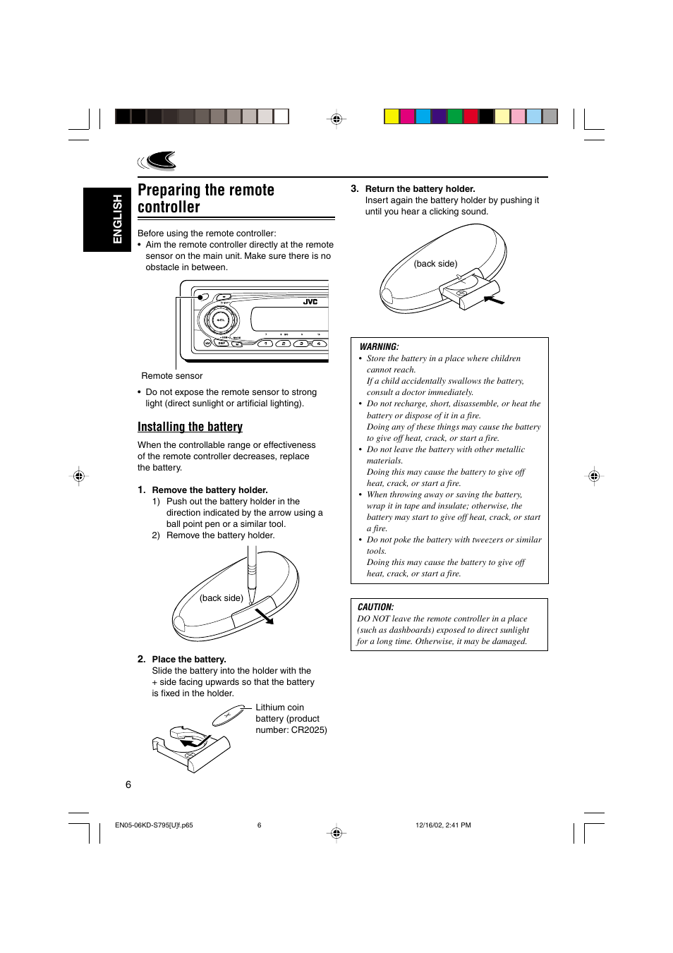 Preparing the remote controller, Installing the battery, English | JVC KD-S795 User Manual | Page 6 / 25