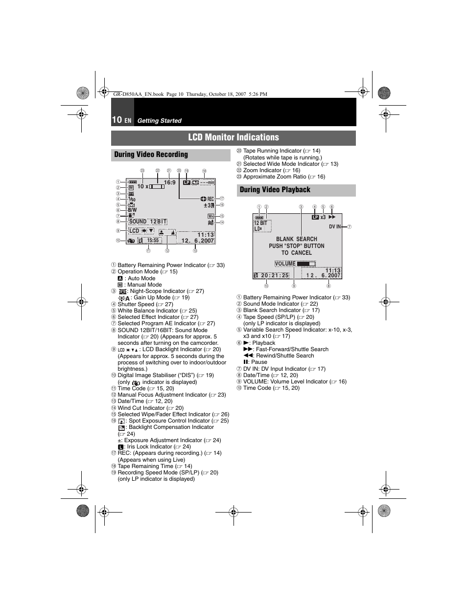 Lcd monitor indications, During video recording, During video playback | JVC GR-D850AA User Manual | Page 10 / 40