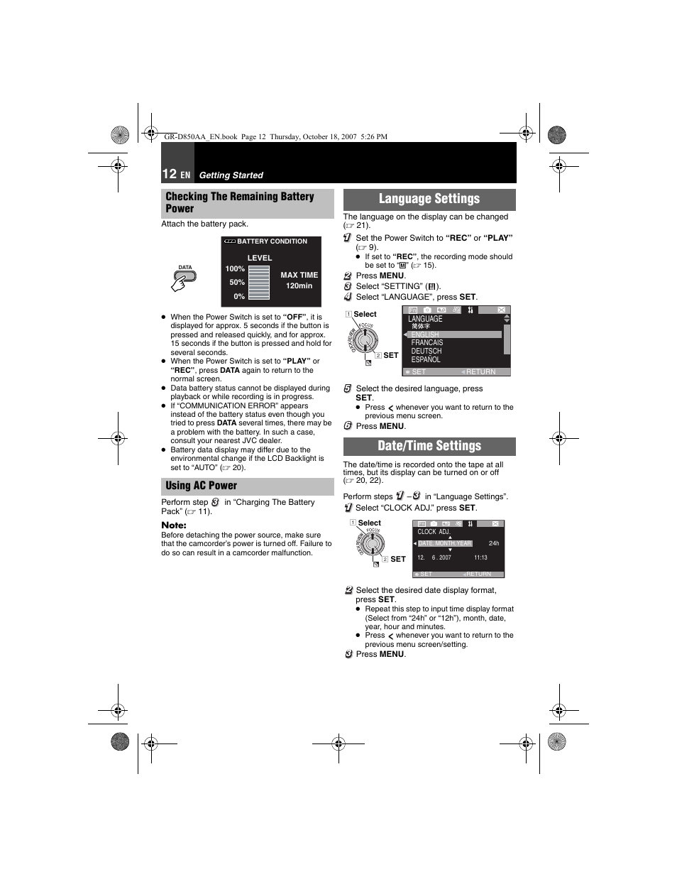 Language settings, 12 date/time settings, Language settings date/time settings | JVC GR-D850AA User Manual | Page 12 / 40