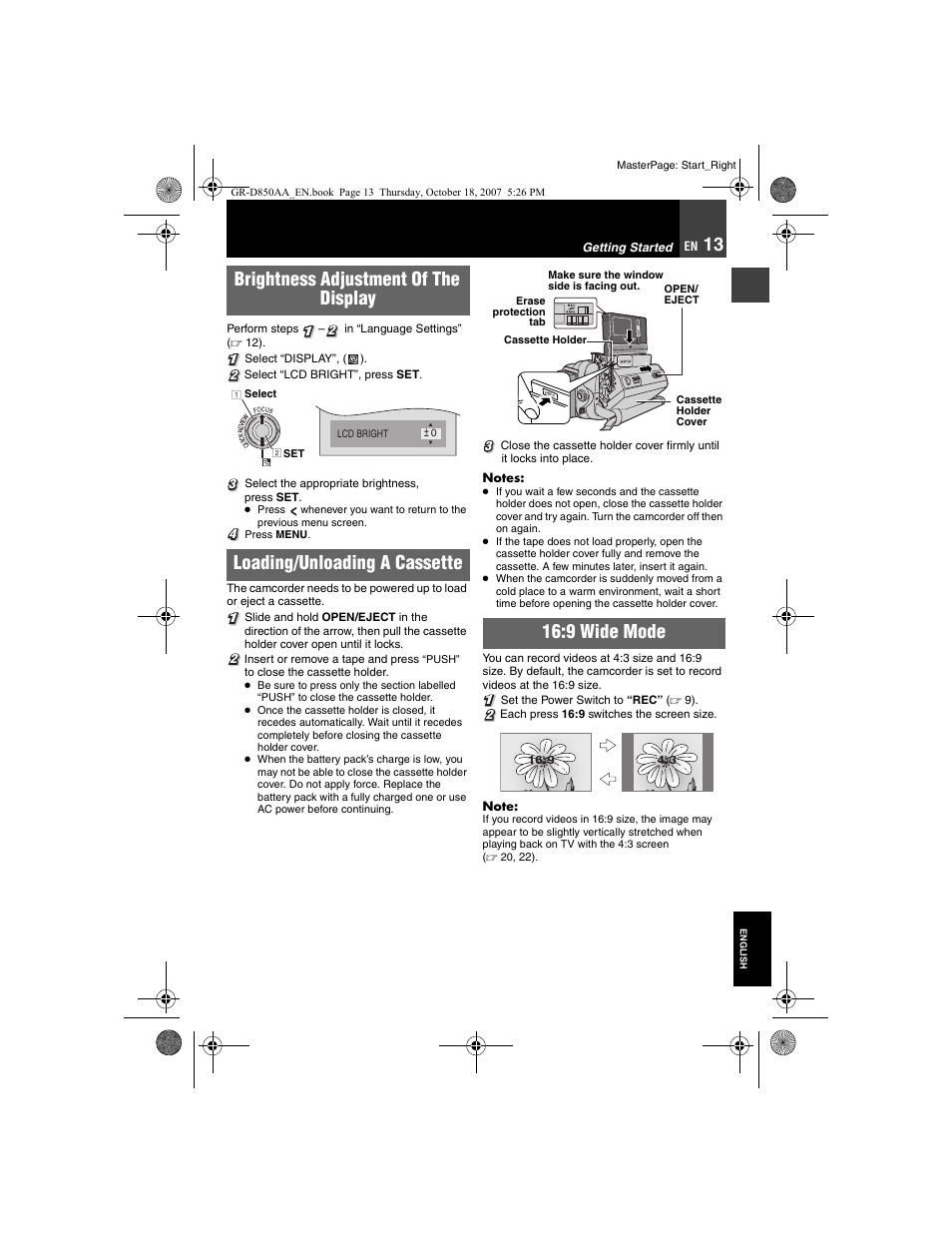 Brightness adjustment of the display, 13 loading/unloading a cassette, 13 16:9 wide mode | 9 wide mode | JVC GR-D850AA User Manual | Page 13 / 40