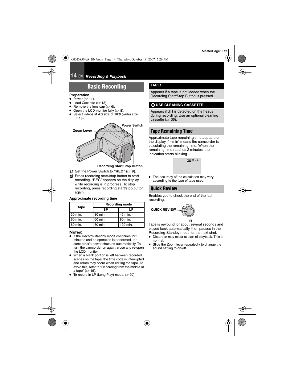 Recording & playback, Basic recording, Tape remaining time | 14 quick review, Ck review, Tape remaining time quick review | JVC GR-D850AA User Manual | Page 14 / 40