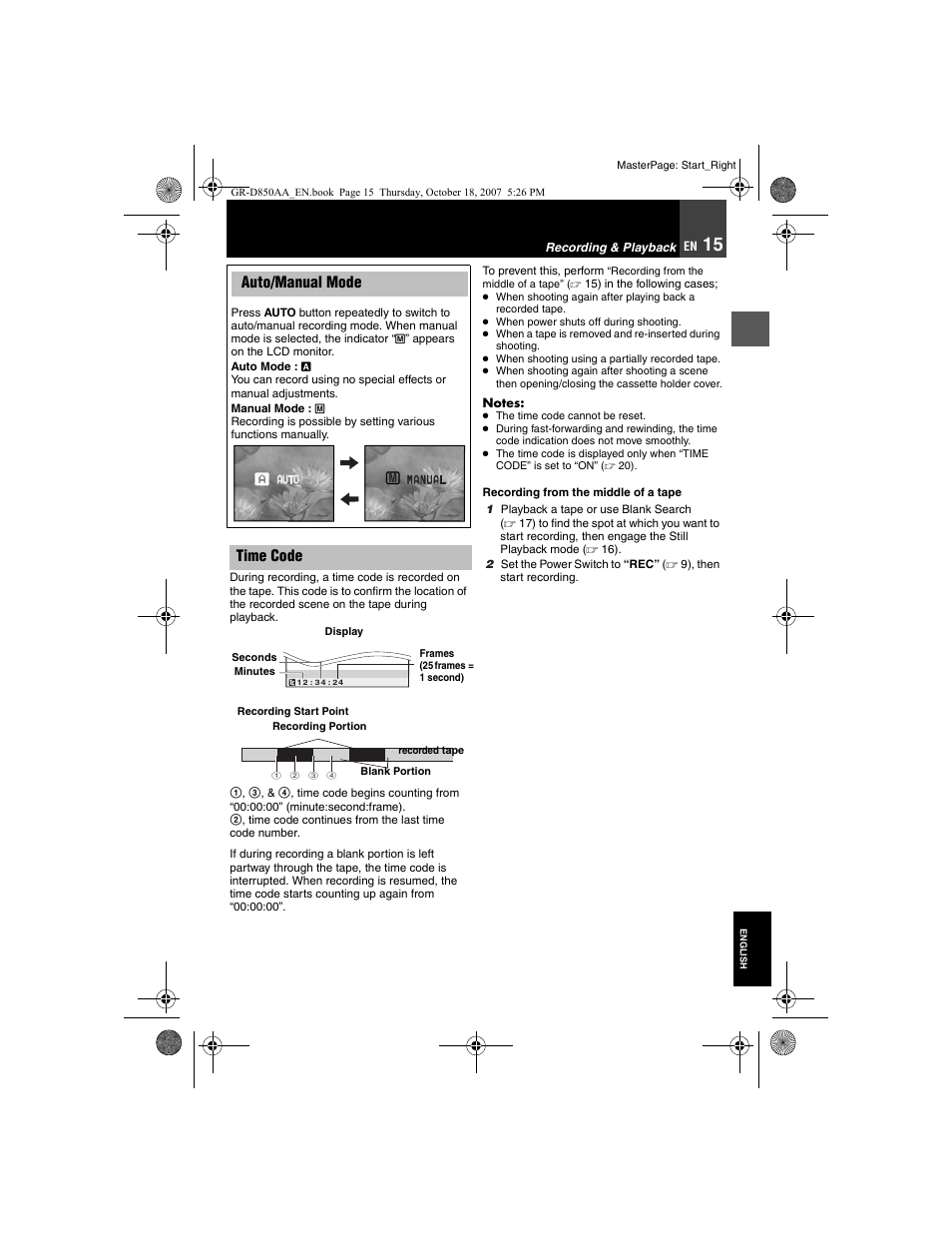 Auto/manual mode, 15 time code, Recording from the middle of a tape | Auto/manual mode time code | JVC GR-D850AA User Manual | Page 15 / 40