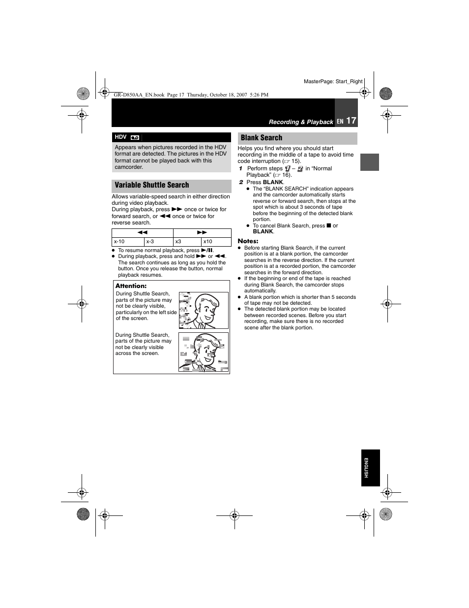 Variable shuttle search, 17 blank search, Blank search | JVC GR-D850AA User Manual | Page 17 / 40