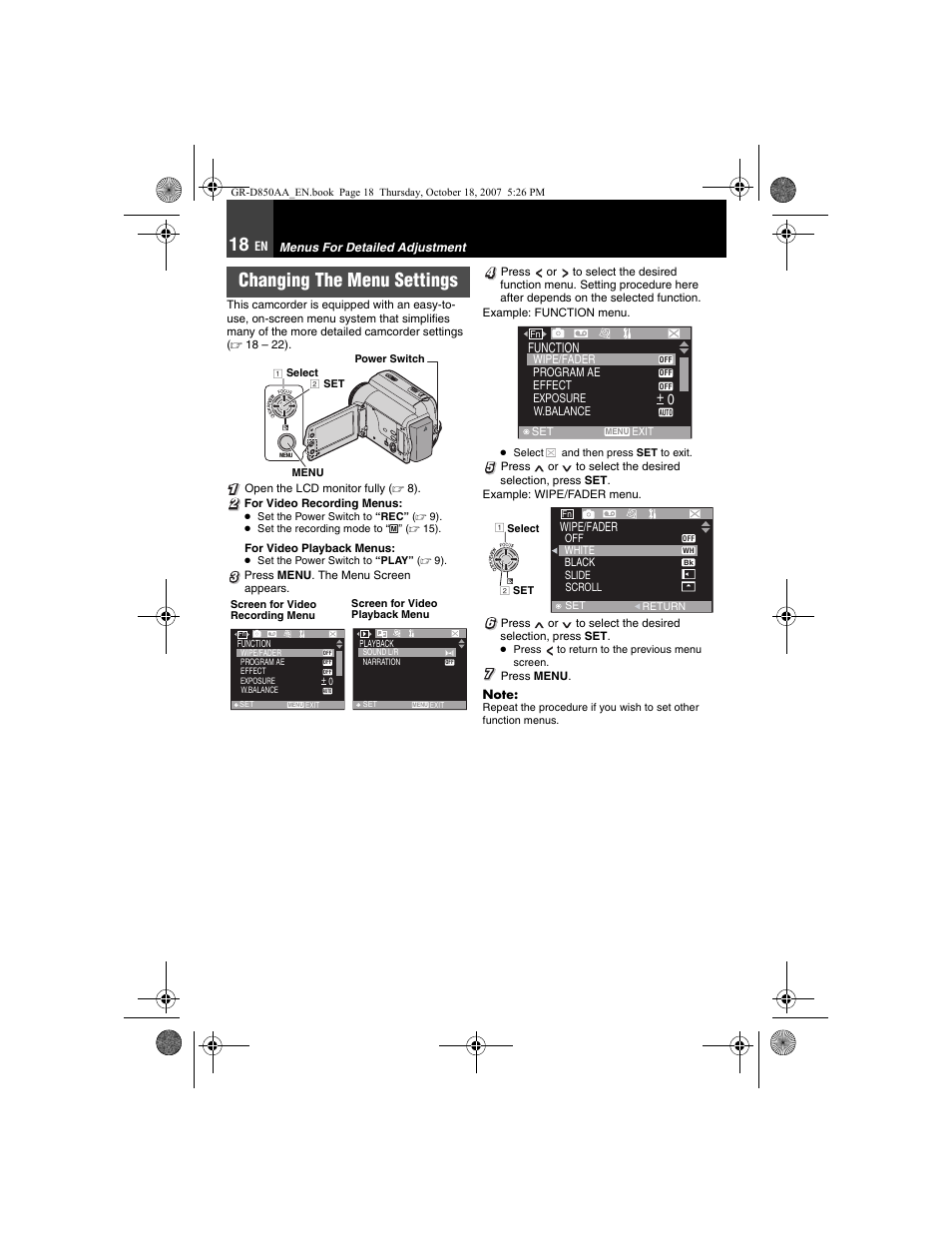 Menus for detailed adjustment, Changing the menu settings, Menu | JVC GR-D850AA User Manual | Page 18 / 40