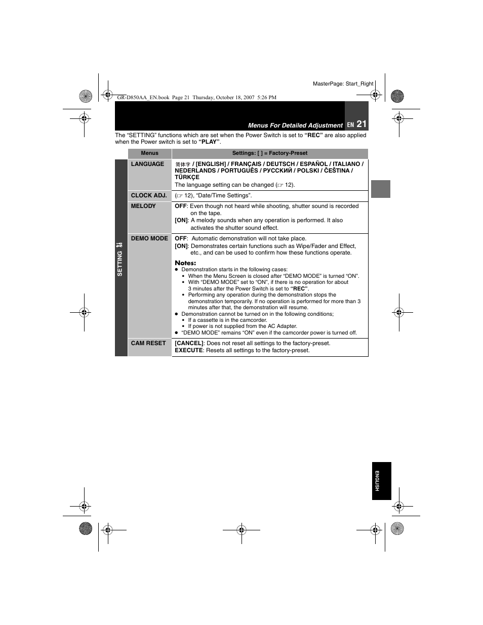 Menus for detailed adjustment | JVC GR-D850AA User Manual | Page 21 / 40