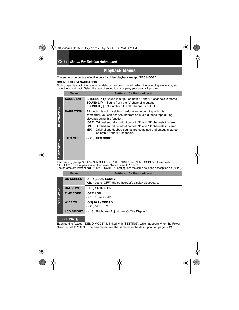 Menus for detailed adjustment, Playback menus | JVC GR-D850AA User Manual | Page 22 / 40