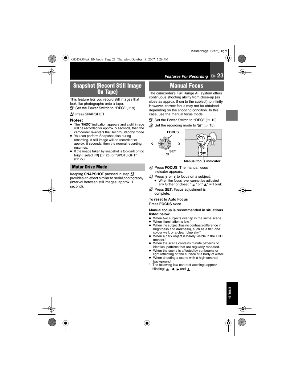 Features for recording, Snapshot (record still image on tape), 23 manual focus | Ocus, Manual focus, Motor drive mode | JVC GR-D850AA User Manual | Page 23 / 40