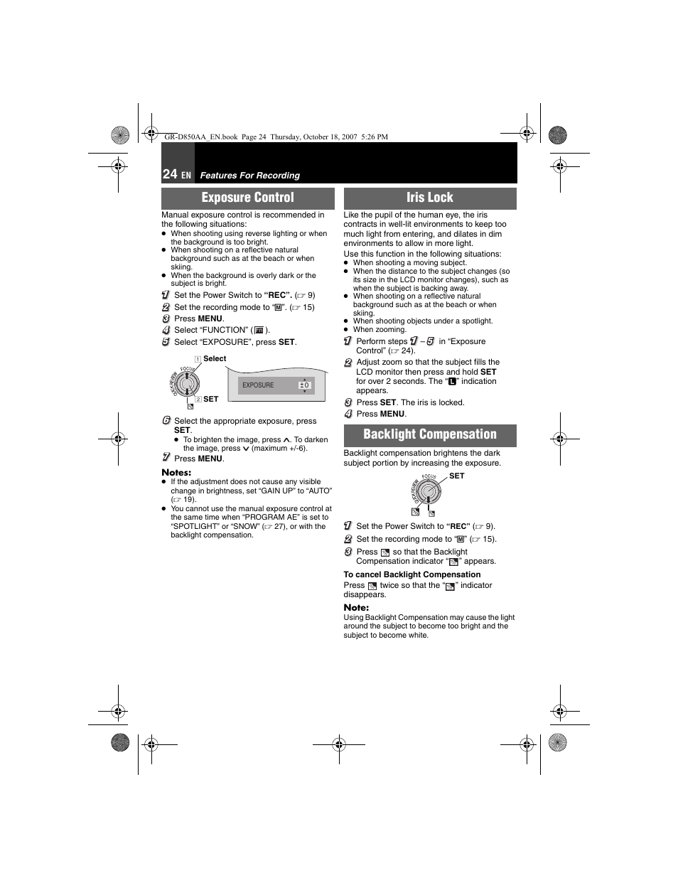 Features for recording, Exposure control, 24 iris lock | 24 backlight compensation, 24), “exposure control, Iris lock backlight compensation | JVC GR-D850AA User Manual | Page 24 / 40