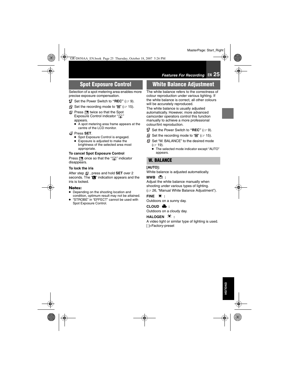 Features for recording, Spot exposure control, 25 white balance adjustment | 25), “white balance adjustment, White balance adjustment | JVC GR-D850AA User Manual | Page 25 / 40