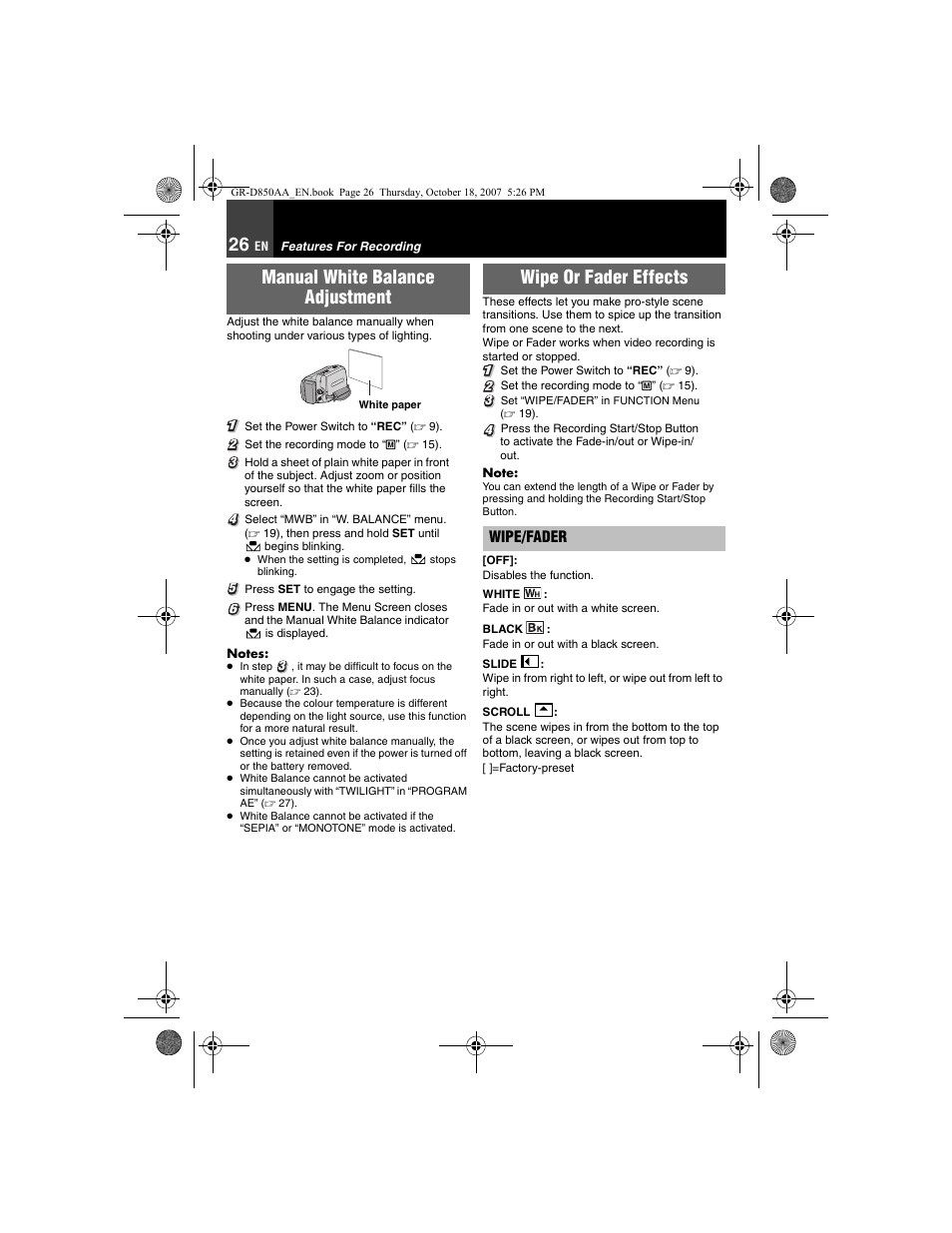 Features for recording, Manual white balance adjustment, 26 wipe or fader effects | 26), “wipe or fader effects, 26, “manual white balance adjustment”), Wipe or fader effects | JVC GR-D850AA User Manual | Page 26 / 40