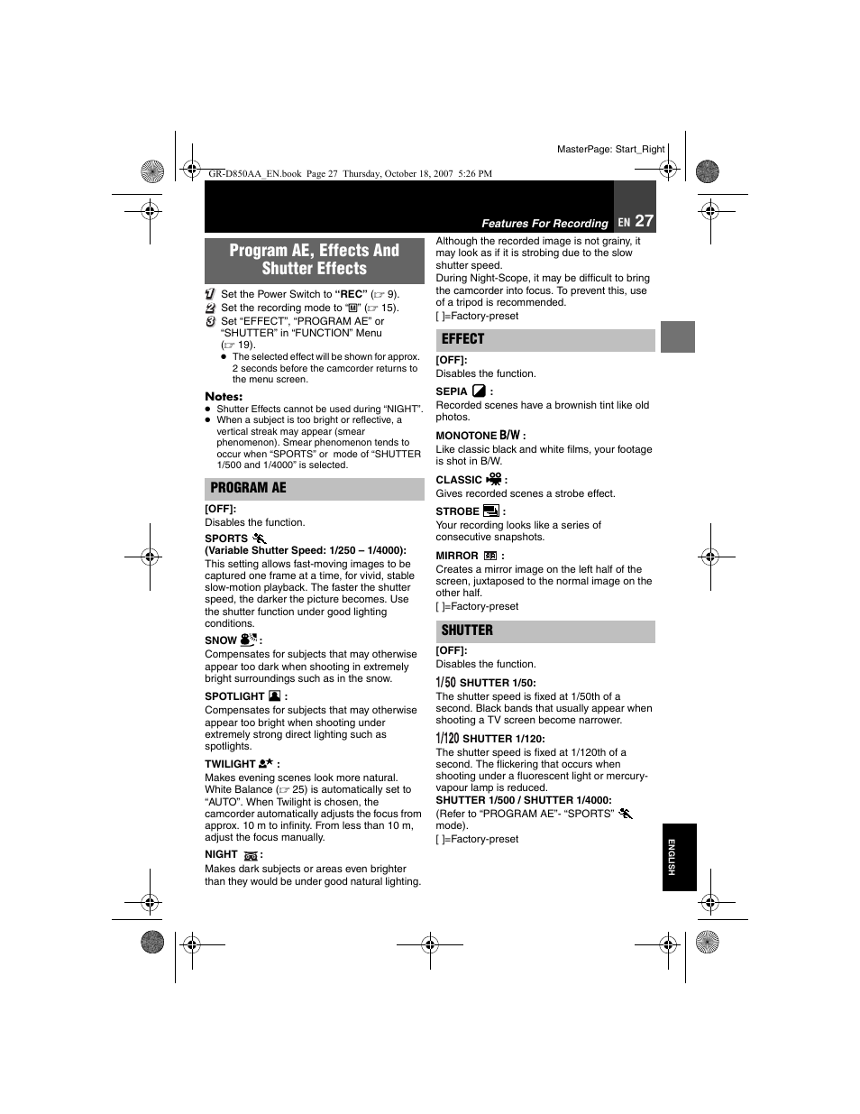 Features for recording, Program ae, effects and shutter effects, 27, 27), “program ae, effects and shutter effects | 27), “program ae, effects and shutter effects | JVC GR-D850AA User Manual | Page 27 / 40