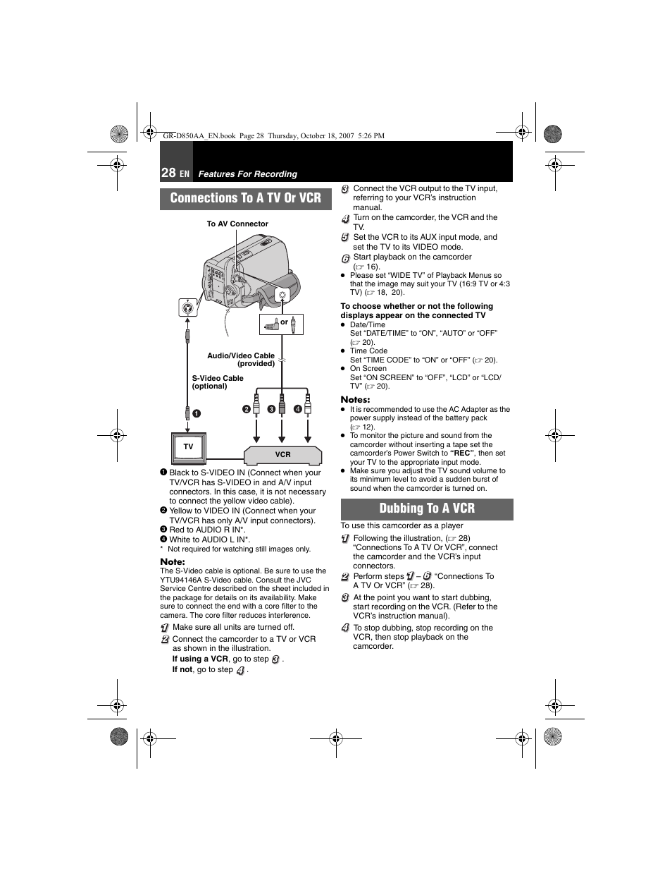 Features for recording, Connections to a tv or vcr, 28 dubbing to a vcr | Dubbing to a vcr | JVC GR-D850AA User Manual | Page 28 / 40