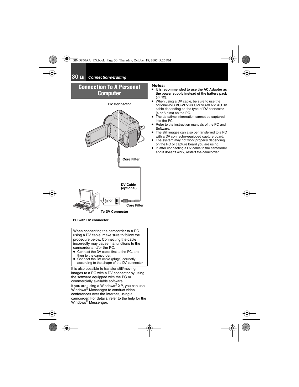 Connections/editing, Connection to a personal computer | JVC GR-D850AA User Manual | Page 30 / 40