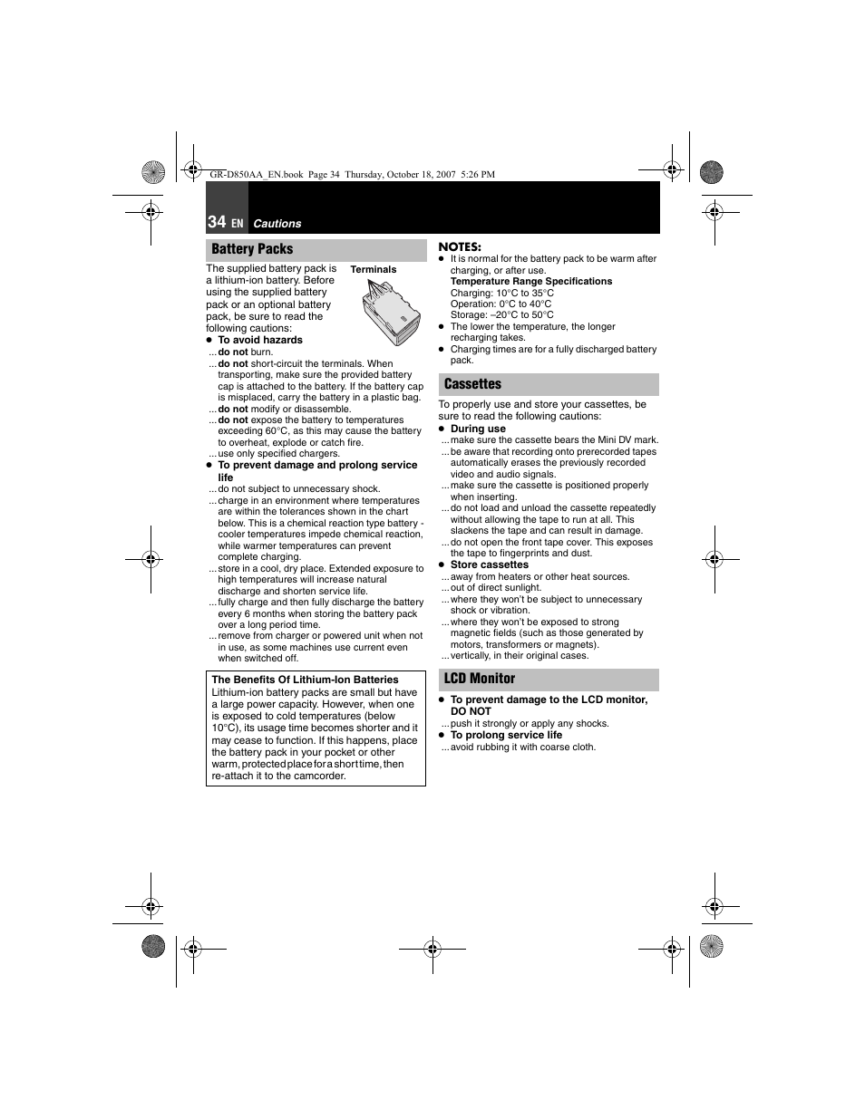 Cautions, Battery packs, Cassettes lcd monitor | JVC GR-D850AA User Manual | Page 34 / 40