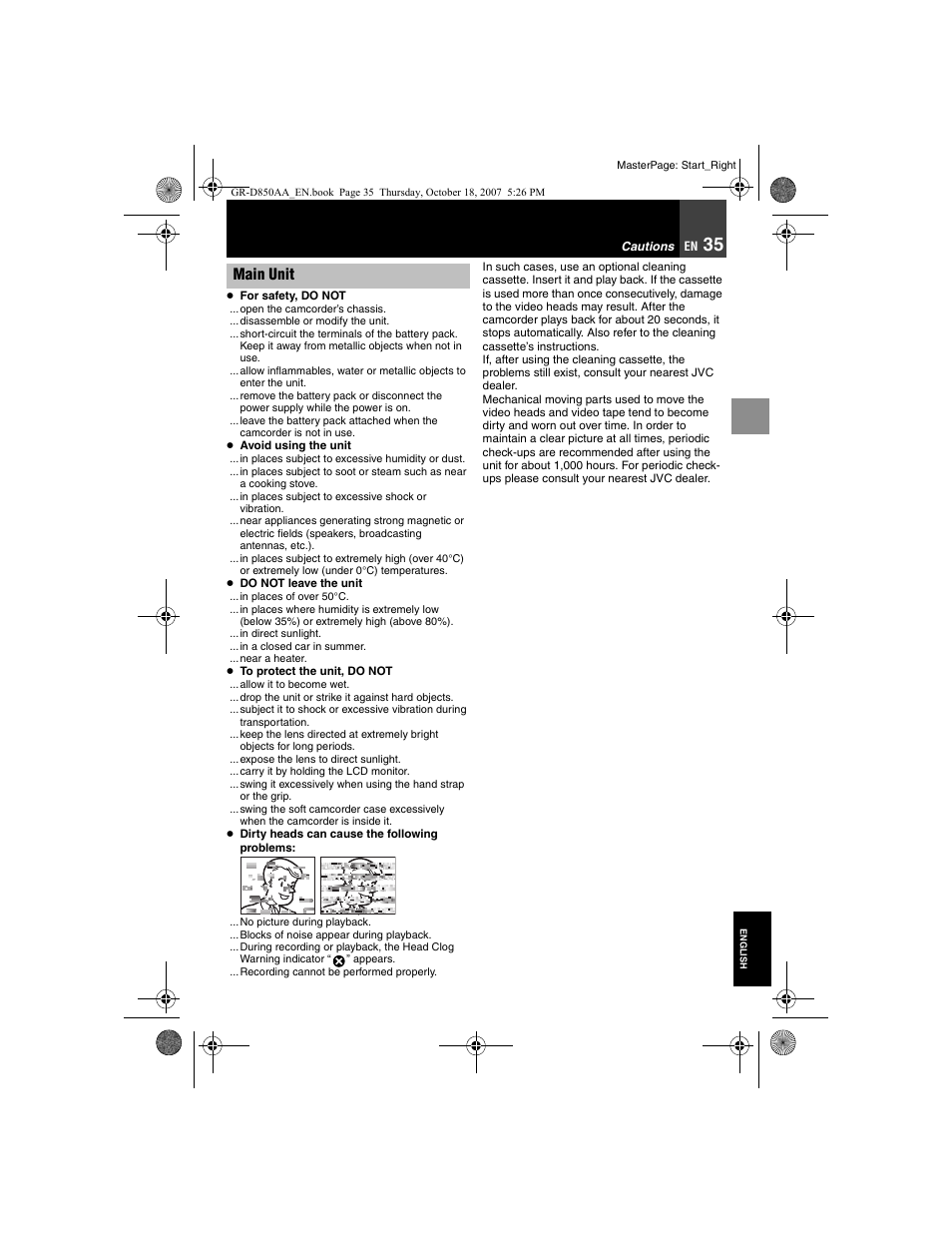 Cautions, Main unit | JVC GR-D850AA User Manual | Page 35 / 40