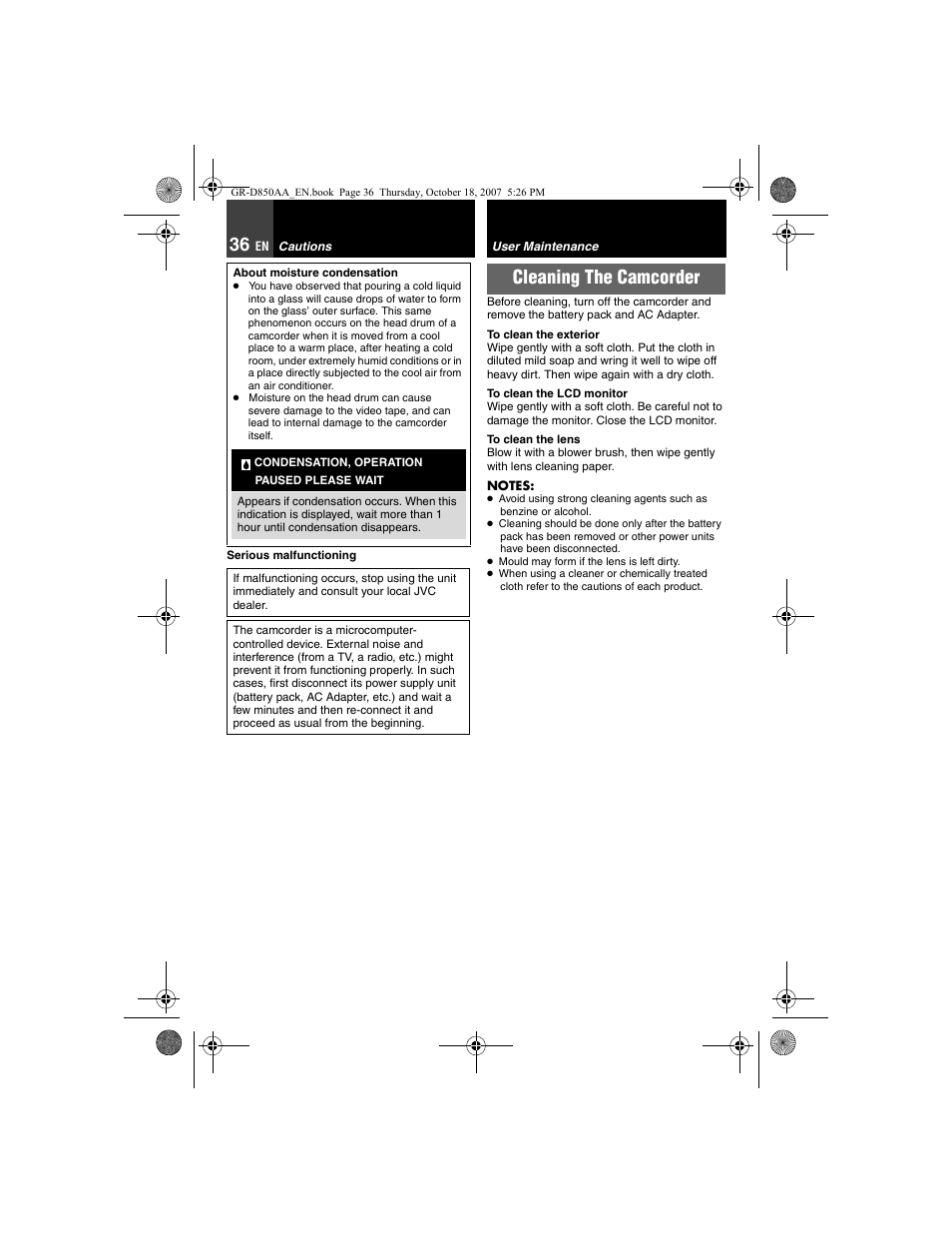 Cautions, User maintenance, Cleaning the camcorder | JVC GR-D850AA User Manual | Page 36 / 40