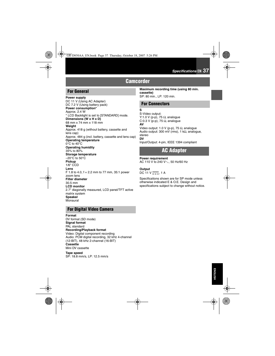 Specifications, Camcorder, Ac adapter | JVC GR-D850AA User Manual | Page 37 / 40