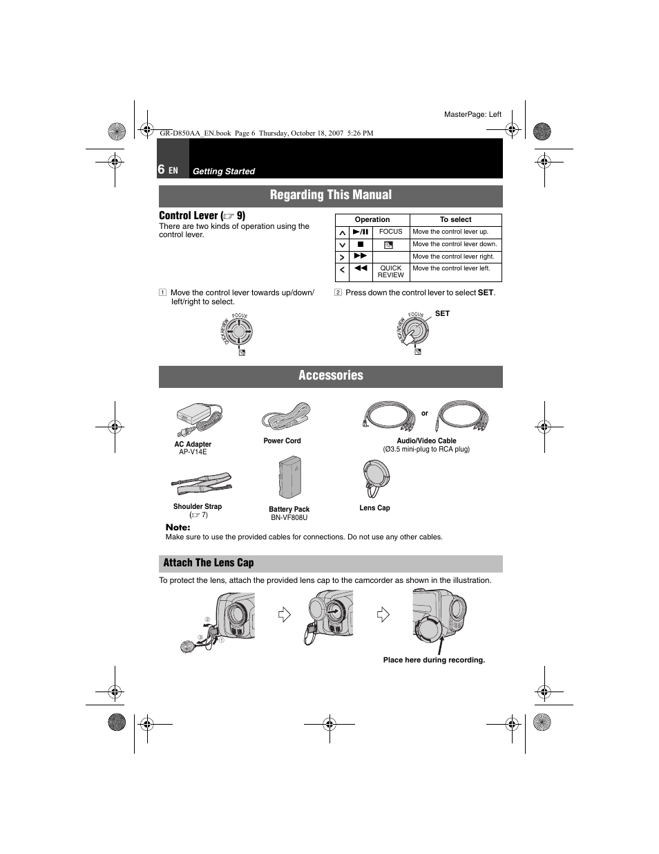 Getting started, Regarding this manual, 6 accessories | Attach the lens cap, Accessories, Control lever ( ੬ 9) | JVC GR-D850AA User Manual | Page 6 / 40