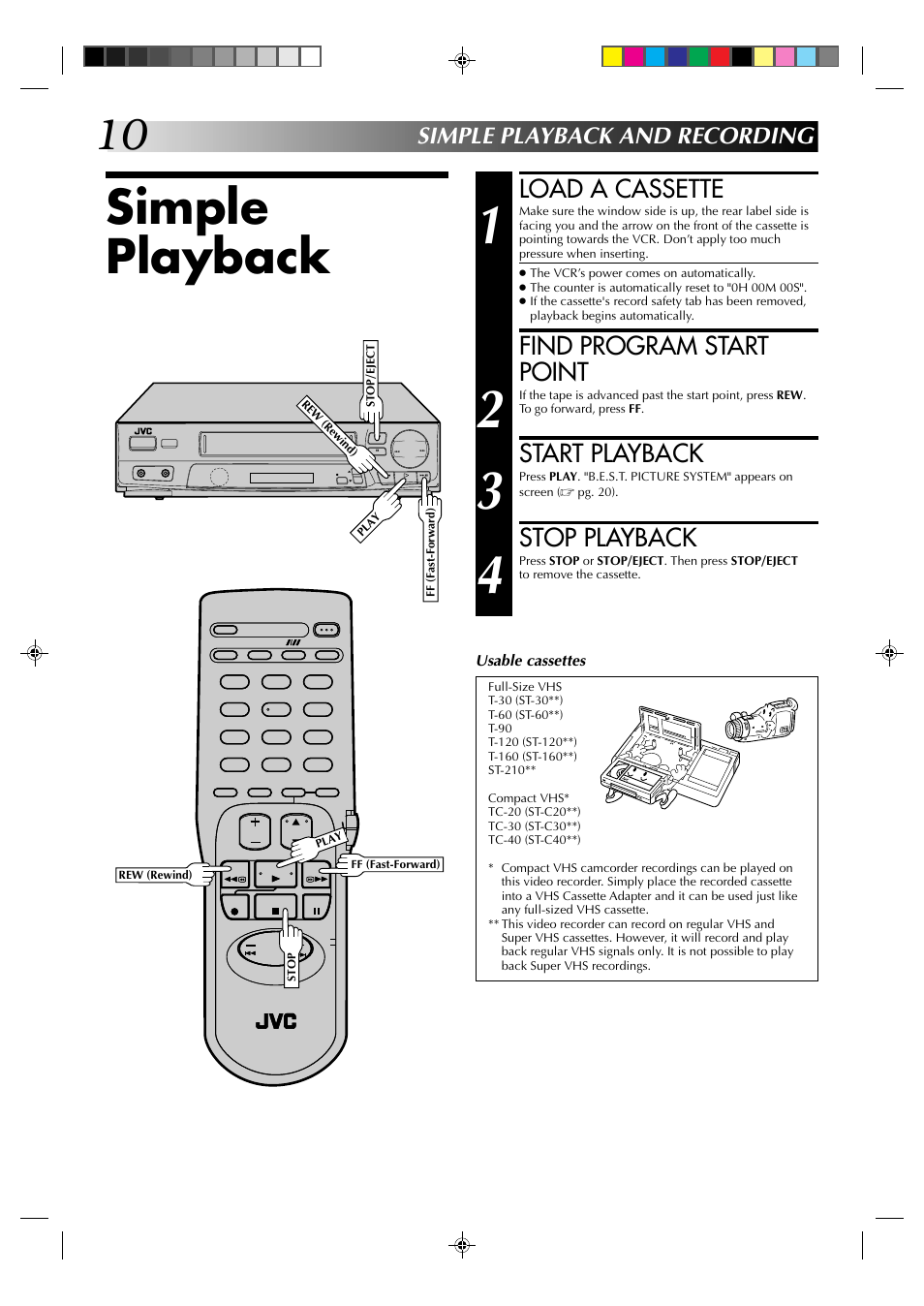 Simple playback, Load a cassette, Find program start point | Start playback, Stop playback, Simple playback and recording | JVC HR-J4003UM User Manual | Page 10 / 38